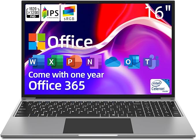 jumper Laptop, 16 Inch FHD IPS 16:10 Screen, Intel Celeron Quad Core CPU, 4GB LPDDR4 RAM 128GB Storage, Office 365 1-Year Subscription, Laptops Computer with Numeric Keypad, 4 Stereo Speakers, WiFi.