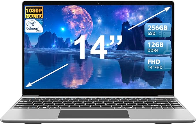 jumper Laptop, Laptops Computer 14, Intel Celeron J4105 CPU(Up to 2.5GHz), Quad Core, 12GB LPDDR4 256GB SSD, FHD 1920×1080 Display, 2 Stereo Speakers, 2.4G+5G WiFi, 35.52WH Battery, HD Graphics 600